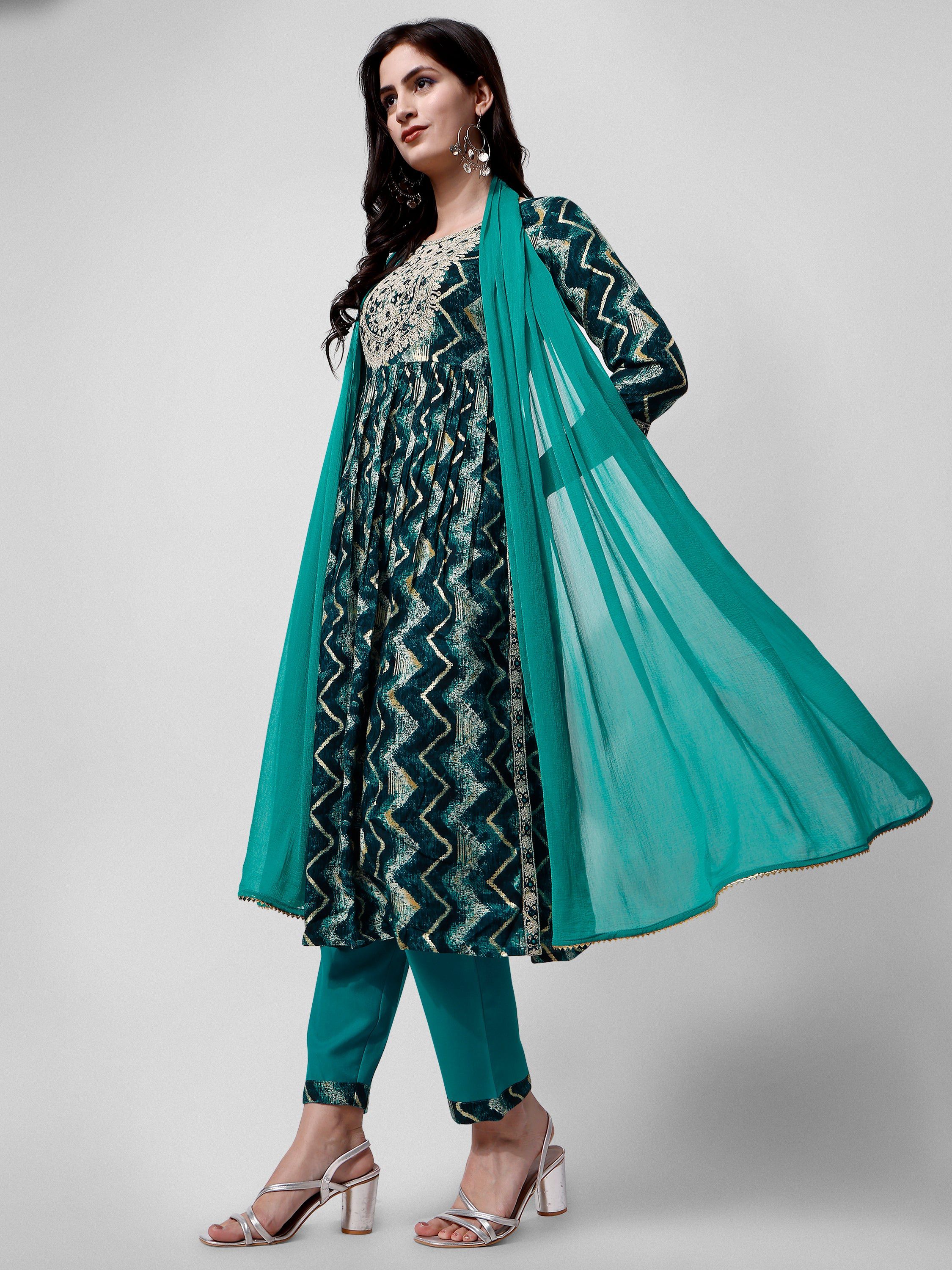 Nayra Cut Printed And Embroidered Kurta With Pant & Dupatta Set, Multicolor - Hiral Fashion - Distacart