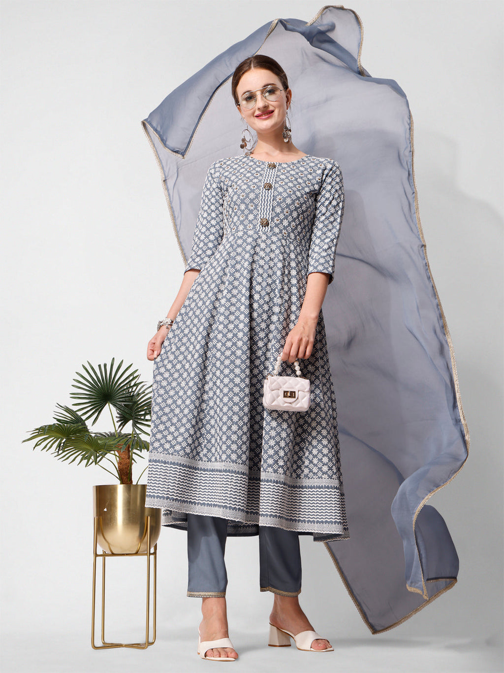 Lucknowi Embroidered Anarkali Kurta With Pant & Dupatta Set, Multicolor - Hiral Fashion - Distacart