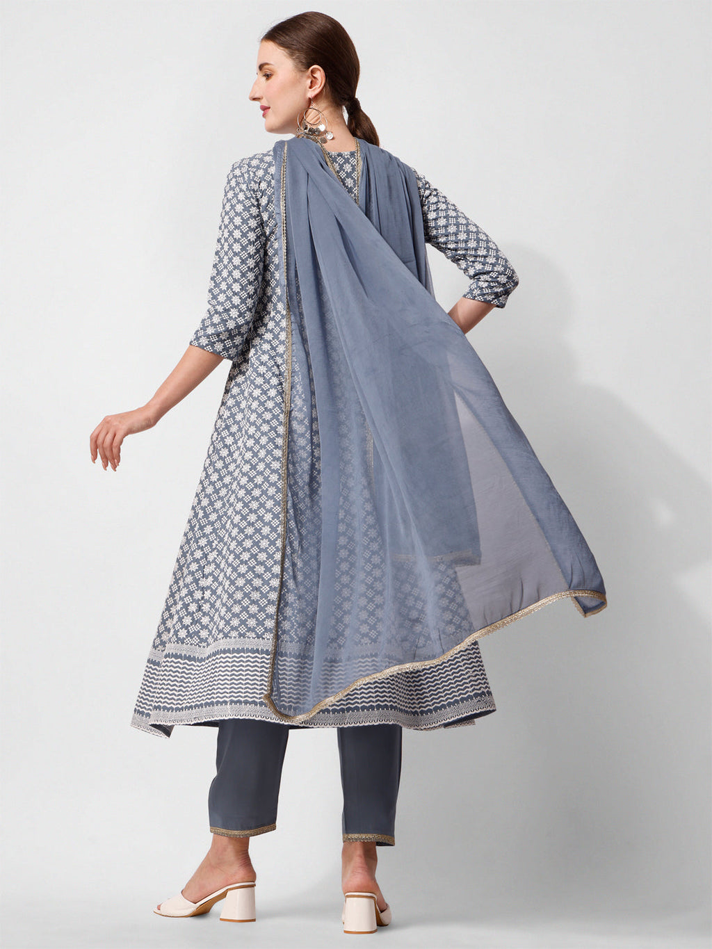 Lucknowi Embroidered Anarkali Kurta With Pant & Dupatta Set, Multicolor - Hiral Fashion - Distacart