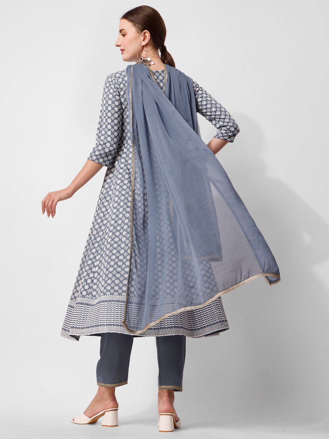 Lucknowi Embroidered Anarkali Kurta With Pant & Dupatta Set, Multicolor - Hiral Fashion - Distacart