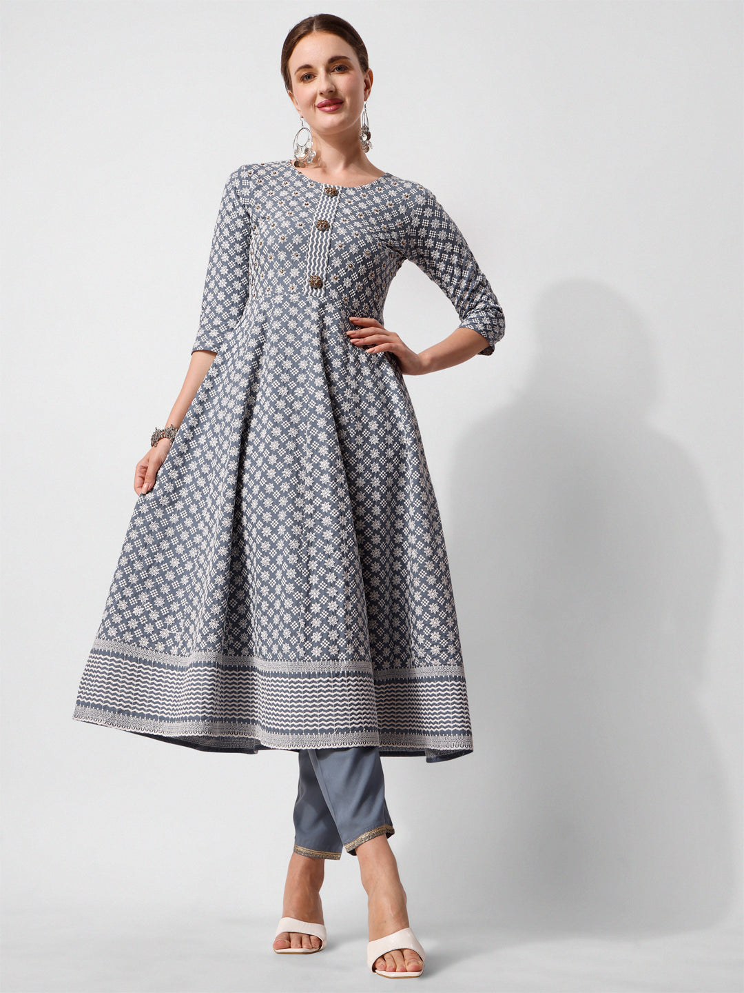 Lucknowi Embroidered Anarkali Kurta With Pant & Dupatta Set, Multicolor - Hiral Fashion - Distacart