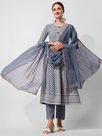 Lucknowi Embroidered Anarkali Kurta With Pant & Dupatta Set, Multicolor - Hiral Fashion - Distacart