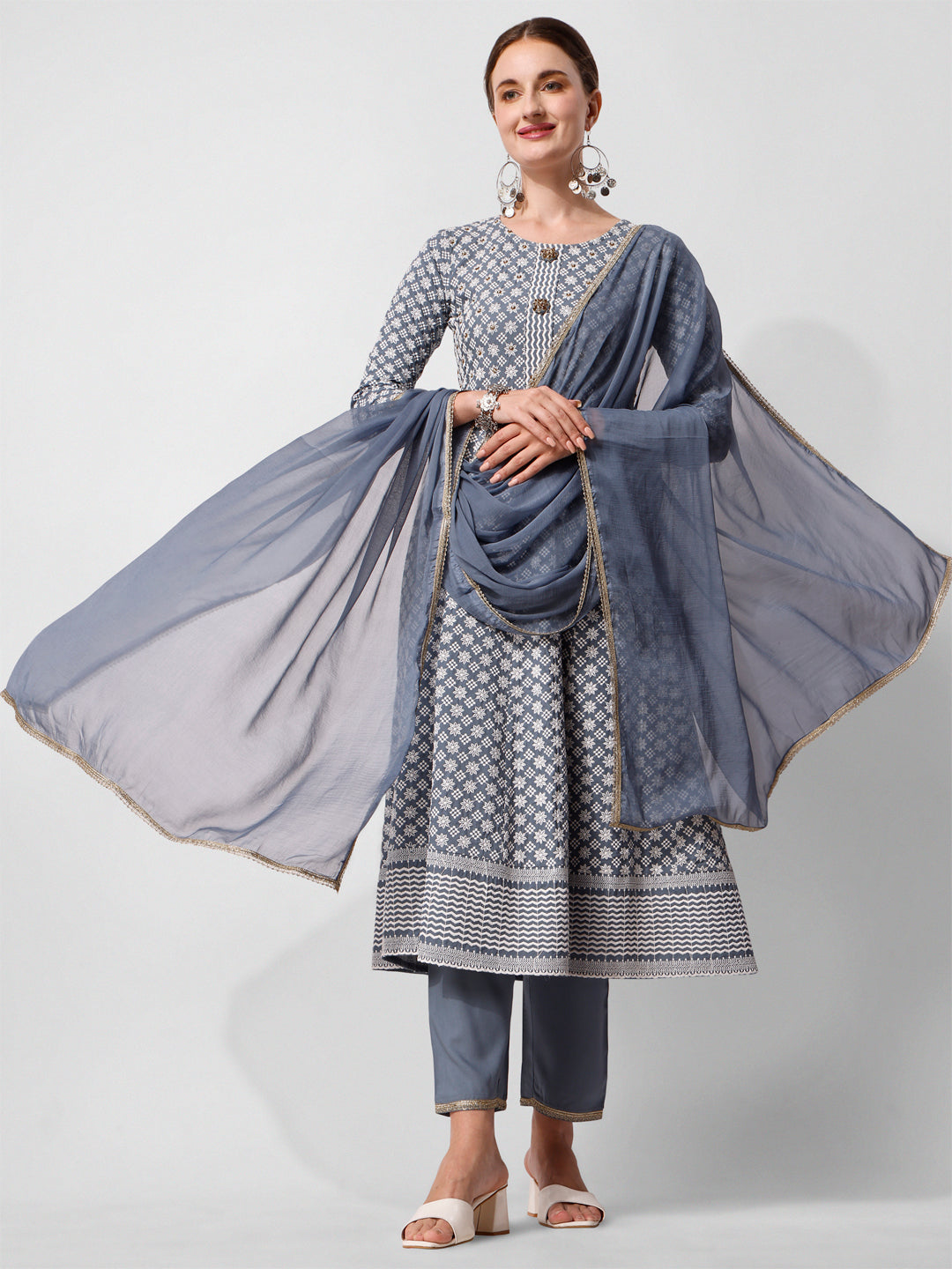 Lucknowi Embroidered Anarkali Kurta With Pant & Dupatta Set, Multicolor - Hiral Fashion - Distacart