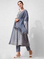 Lucknowi Embroidered Anarkali Kurta With Pant & Dupatta Set, Multicolor - Hiral Fashion - Distacart