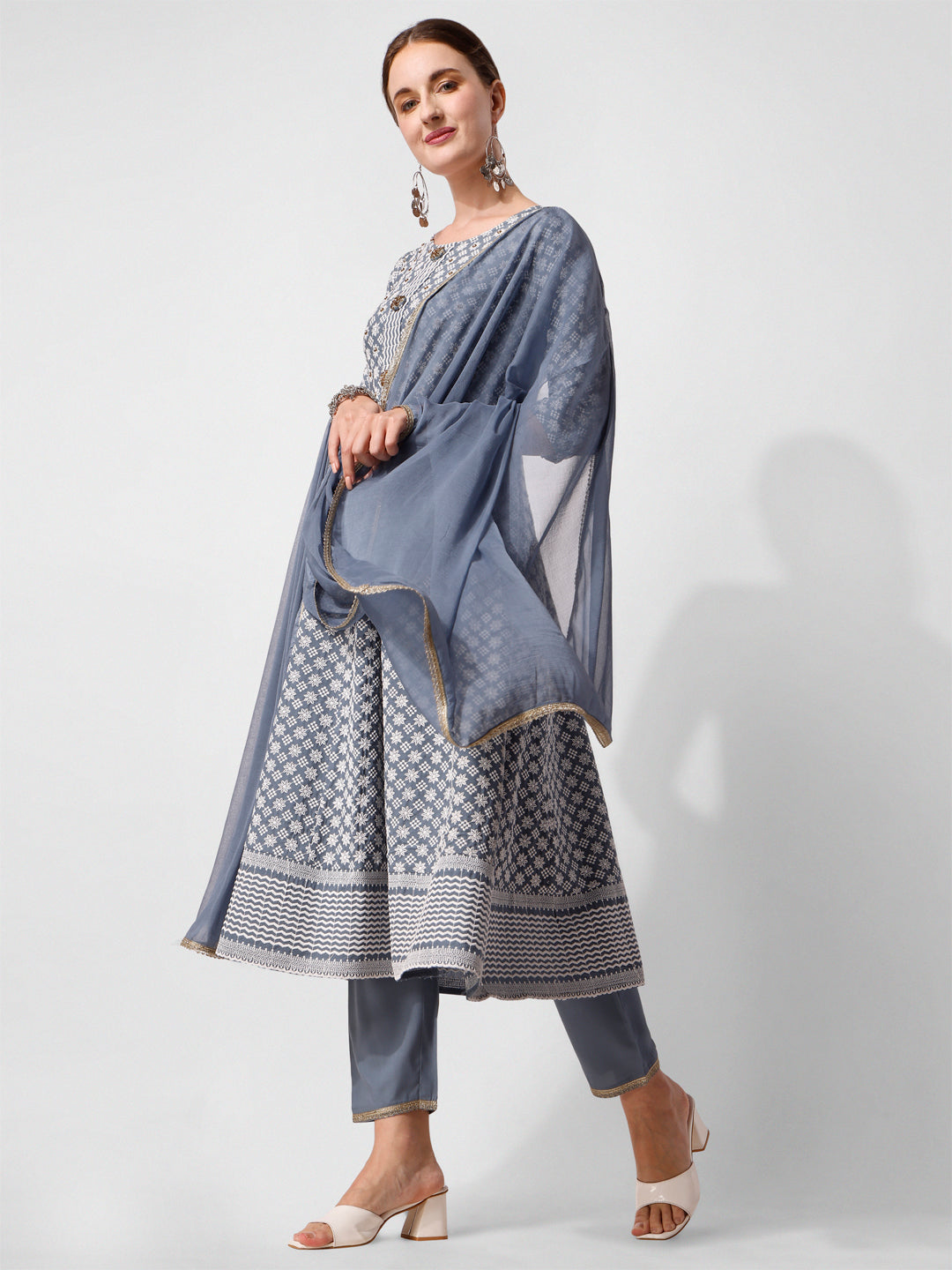 Lucknowi Embroidered Anarkali Kurta With Pant & Dupatta Set, Multicolor - Hiral Fashion - Distacart