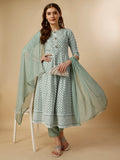 Lucknowi Embroidered Anarkali Kurta With Pant & Dupatta Set, Multicolor - Hiral Fashion - Distacart