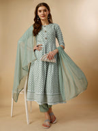 Lucknowi Embroidered Anarkali Kurta With Pant & Dupatta Set, Multicolor - Hiral Fashion - Distacart