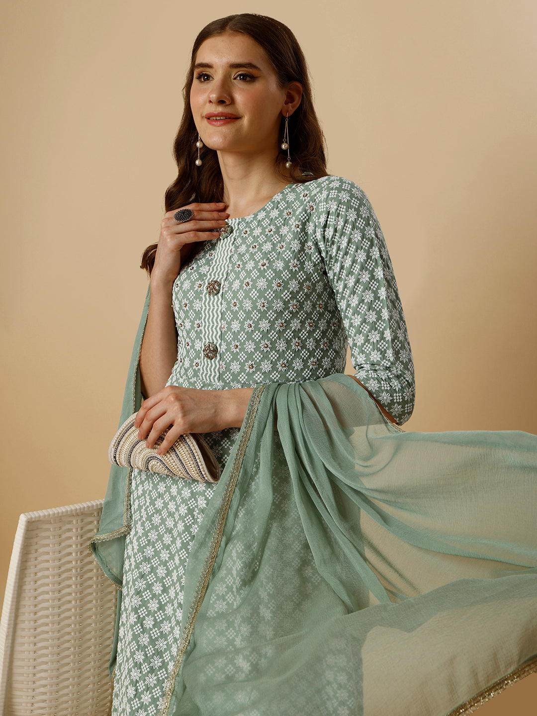 Lucknowi Embroidered Anarkali Kurta With Pant & Dupatta Set, Multicolor - Hiral Fashion - Distacart
