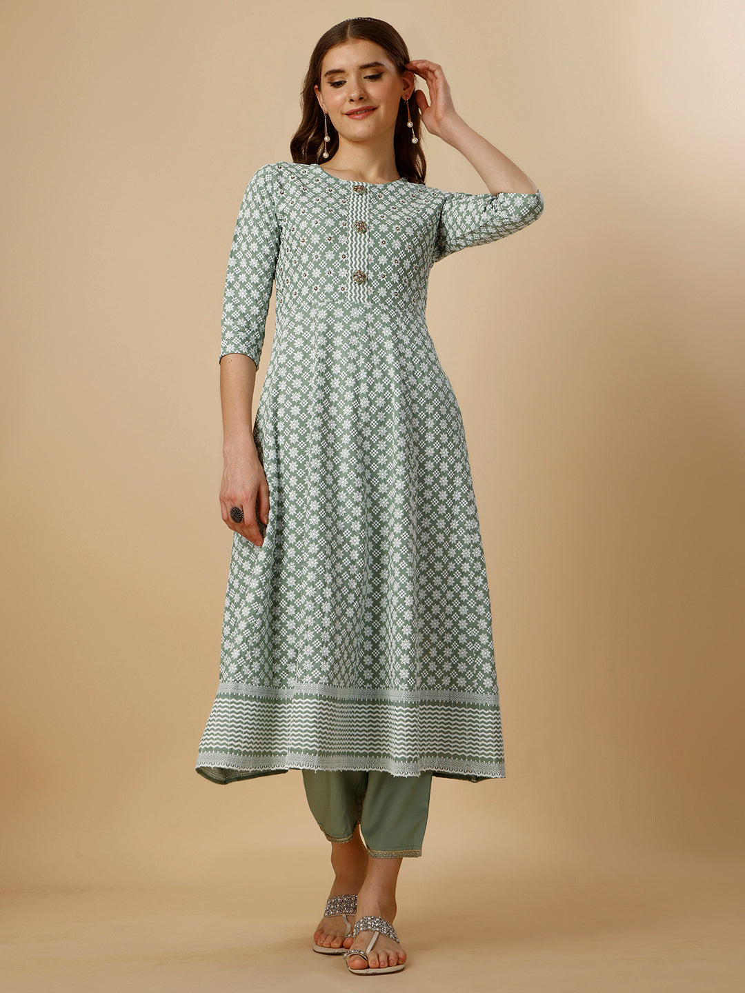 Lucknowi Embroidered Anarkali Kurta With Pant & Dupatta Set, Multicolor - Hiral Fashion - Distacart