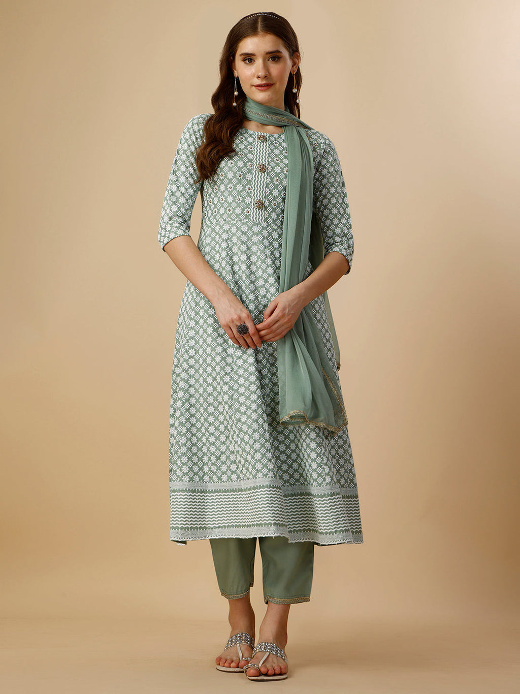 Lucknowi Embroidered Anarkali Kurta With Pant & Dupatta Set, Multicolor - Hiral Fashion - Distacart