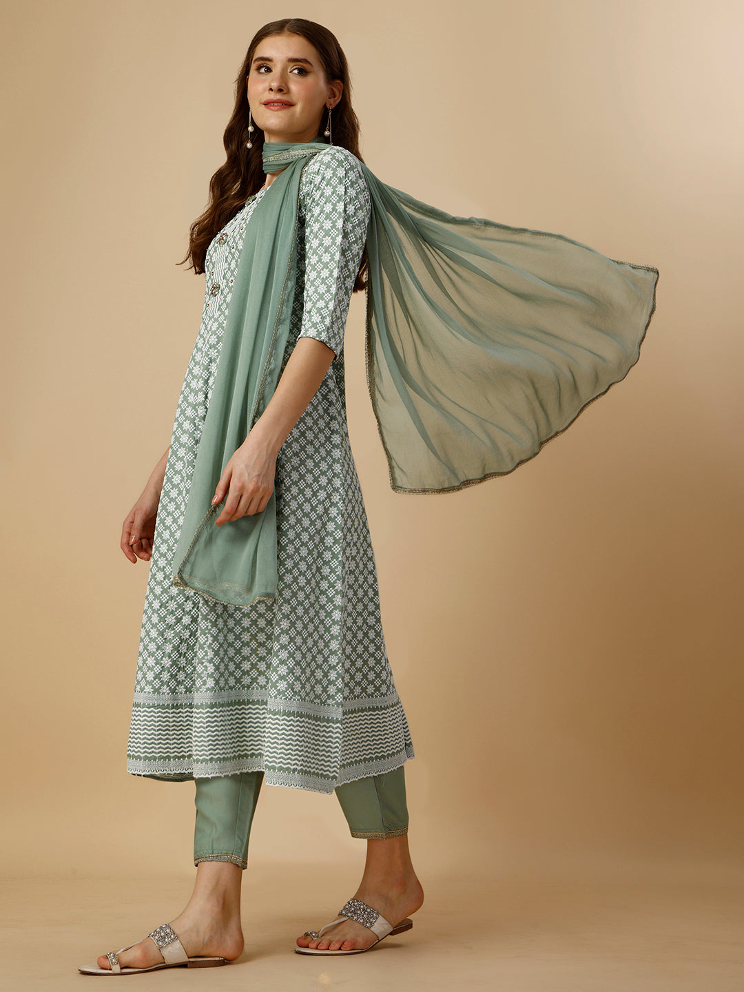 Lucknowi Embroidered Anarkali Kurta With Pant & Dupatta Set, Multicolor - Hiral Fashion - Distacart