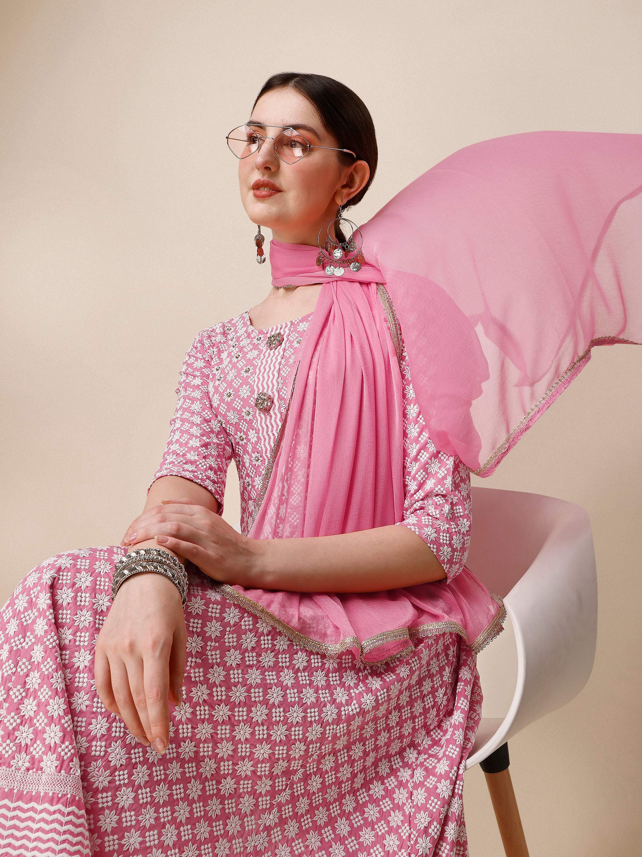 Lucknowi Embroidered Anarkali Kurta With Pant & Dupatta Set, Multicolor - Hiral Fashion - Distacart