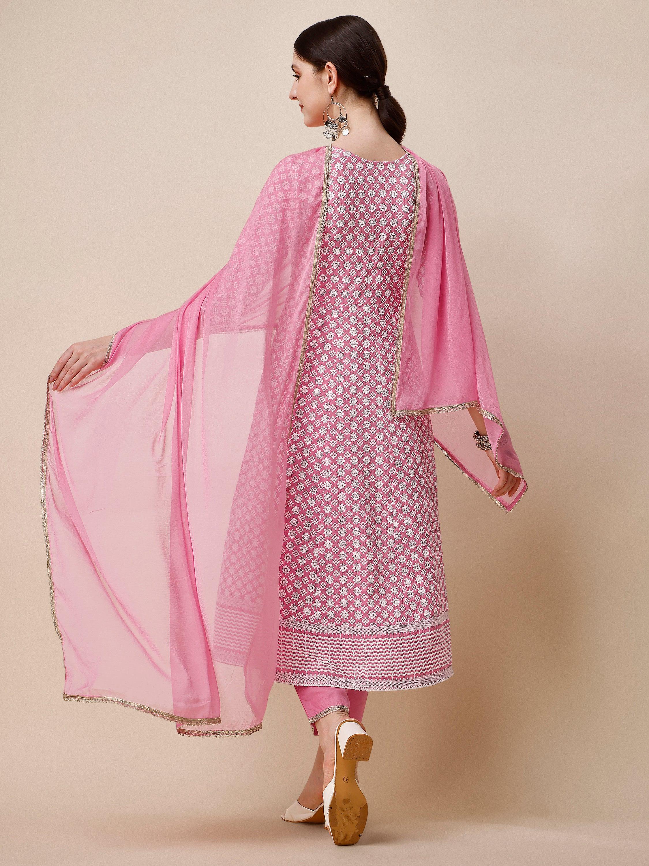 Lucknowi Embroidered Anarkali Kurta With Pant & Dupatta Set, Multicolor - Hiral Fashion - Distacart