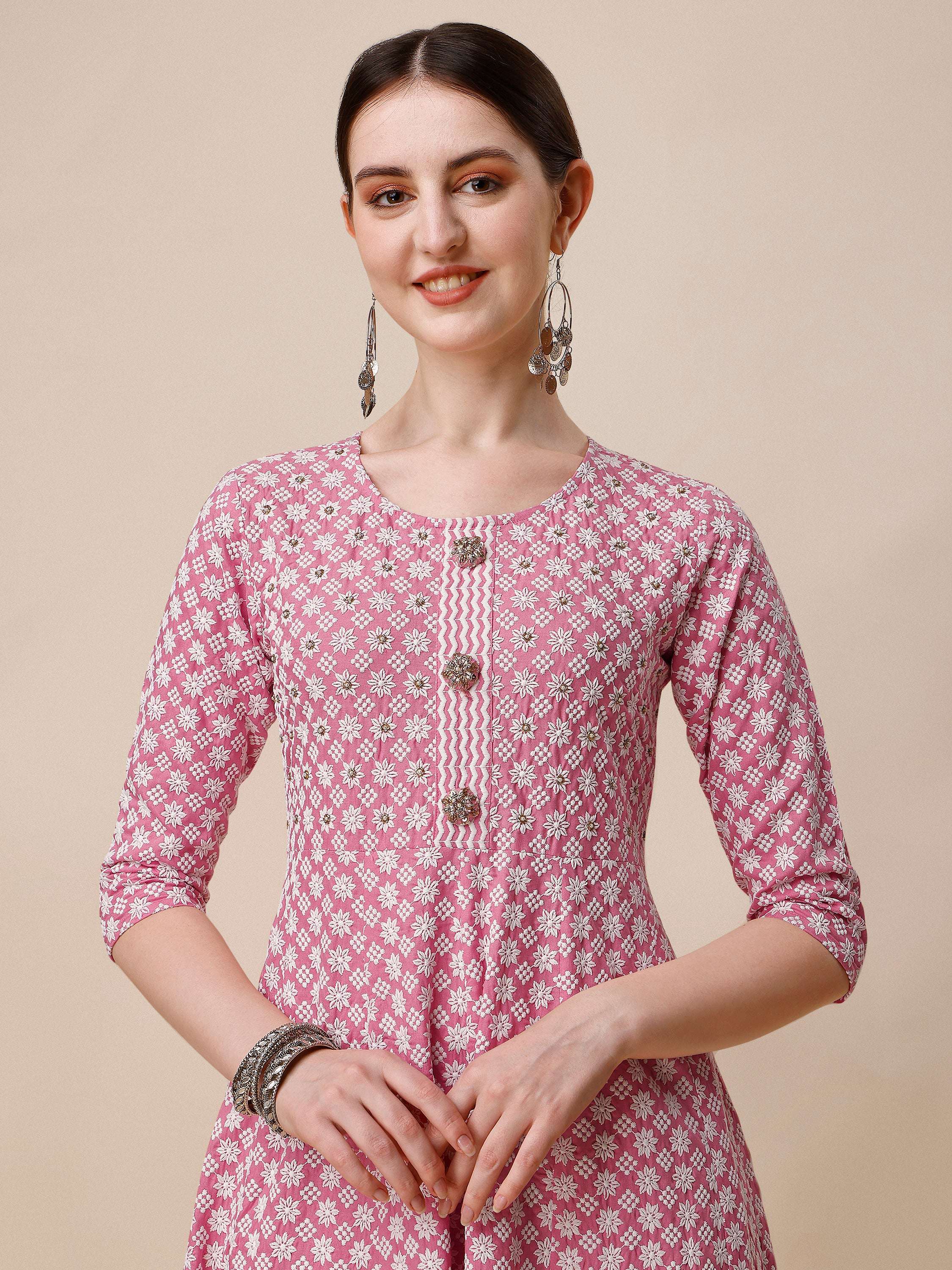 Lucknowi Embroidered Anarkali Kurta With Pant & Dupatta Set, Multicolor - Hiral Fashion - Distacart