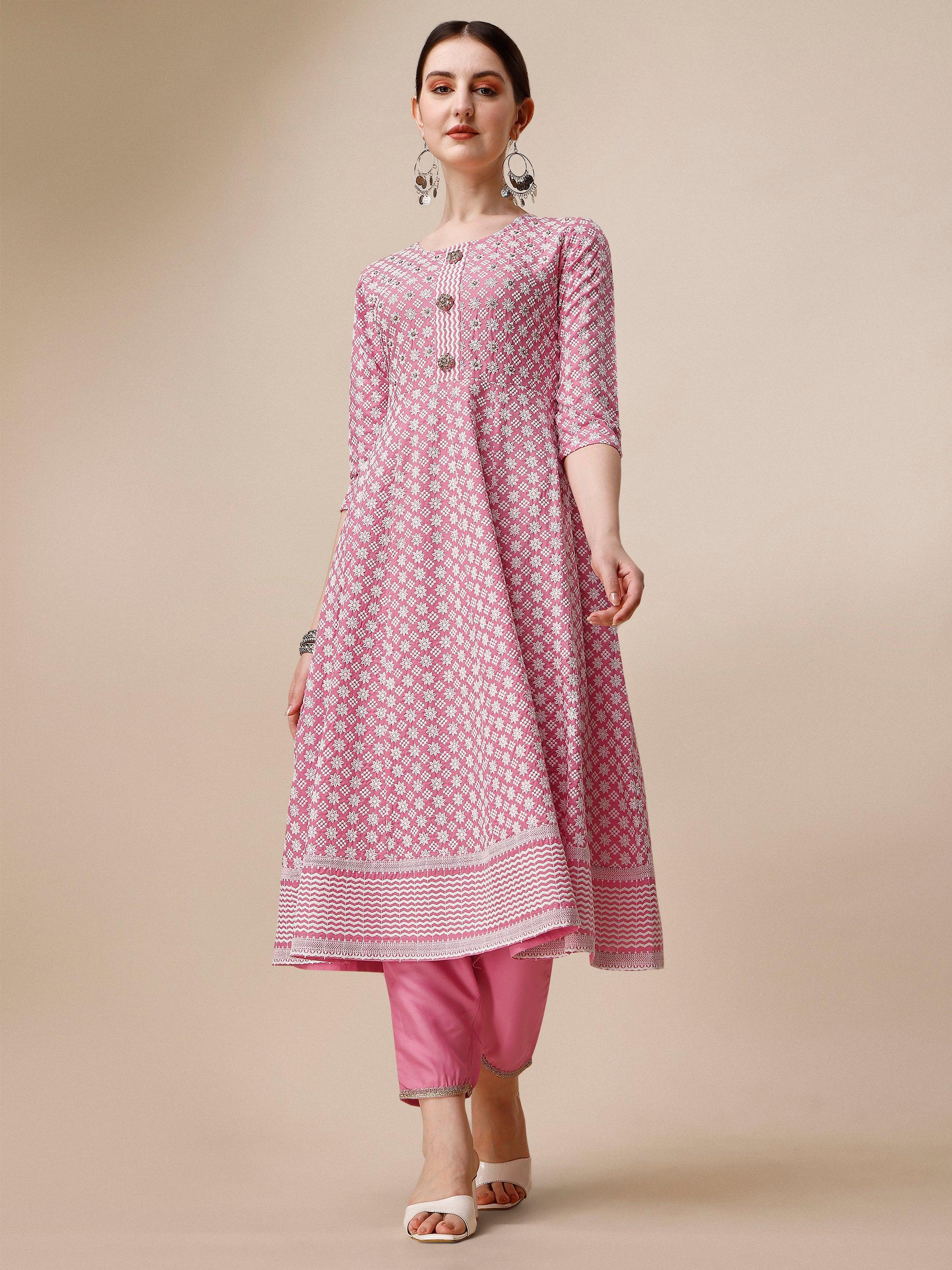 Lucknowi Embroidered Anarkali Kurta With Pant & Dupatta Set, Multicolor - Hiral Fashion - Distacart