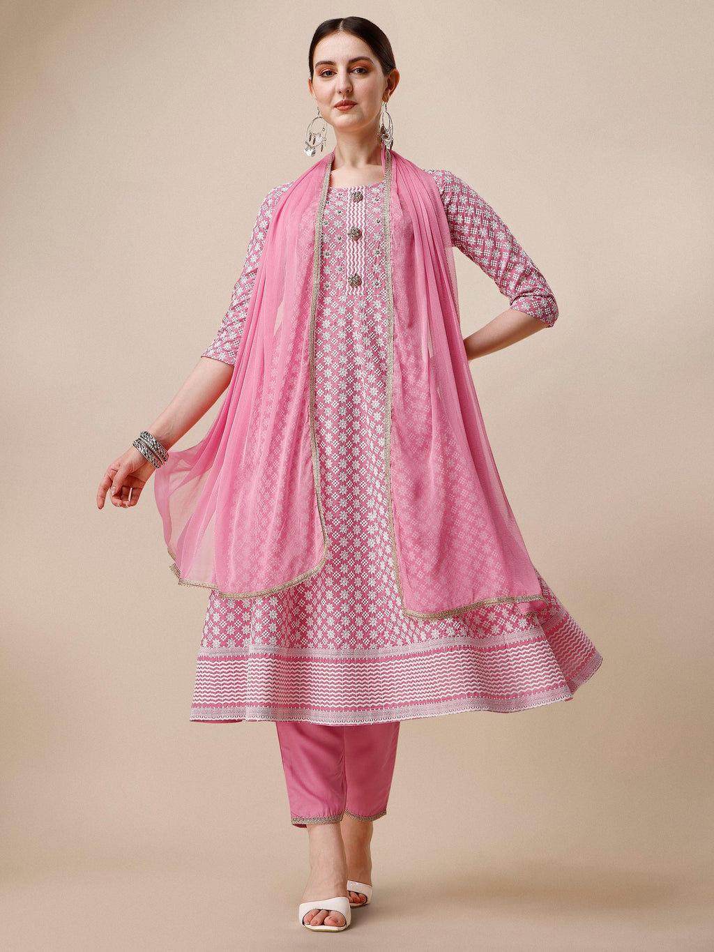 Lucknowi Embroidered Anarkali Kurta With Pant & Dupatta Set, Multicolor - Hiral Fashion - Distacart