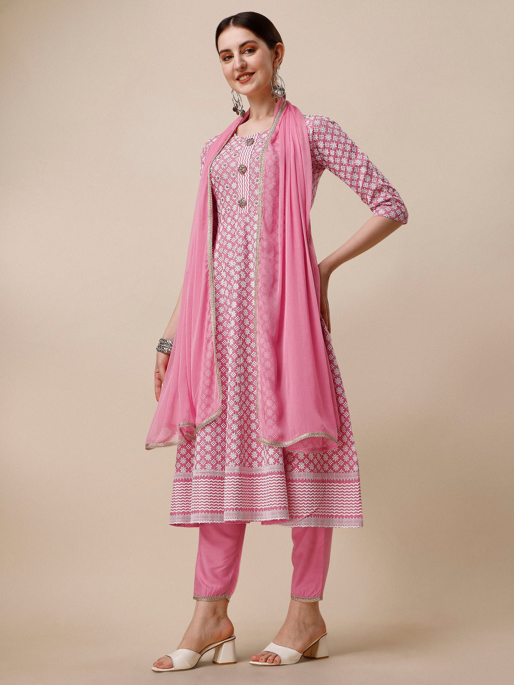Lucknowi Embroidered Anarkali Kurta With Pant & Dupatta Set, Multicolor - Hiral Fashion - Distacart