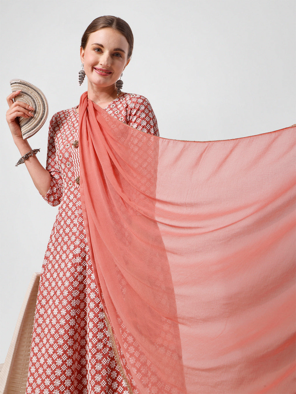 Lucknowi Embroidered Anarkali Kurta With Pant & Dupatta Set, Multicolor - Hiral Fashion - Distacart