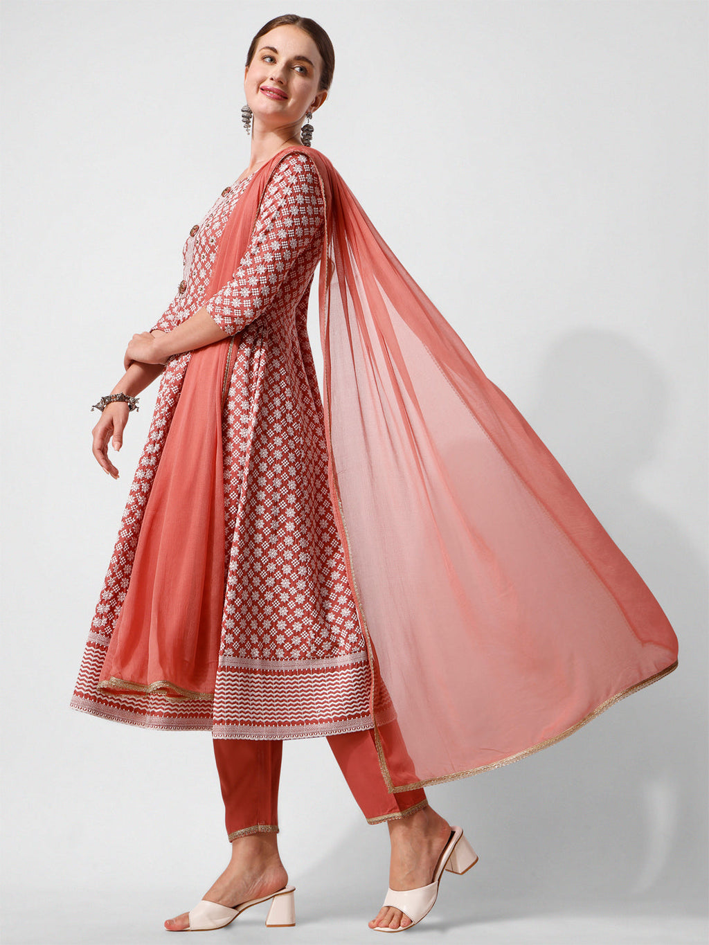 Lucknowi Embroidered Anarkali Kurta With Pant & Dupatta Set, Multicolor - Hiral Fashion - Distacart