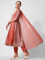 Lucknowi Embroidered Anarkali Kurta With Pant & Dupatta Set, Multicolor - Hiral Fashion - Distacart