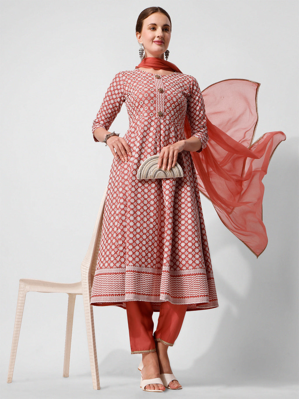 Lucknowi Embroidered Anarkali Kurta With Pant & Dupatta Set, Multicolor - Hiral Fashion - Distacart