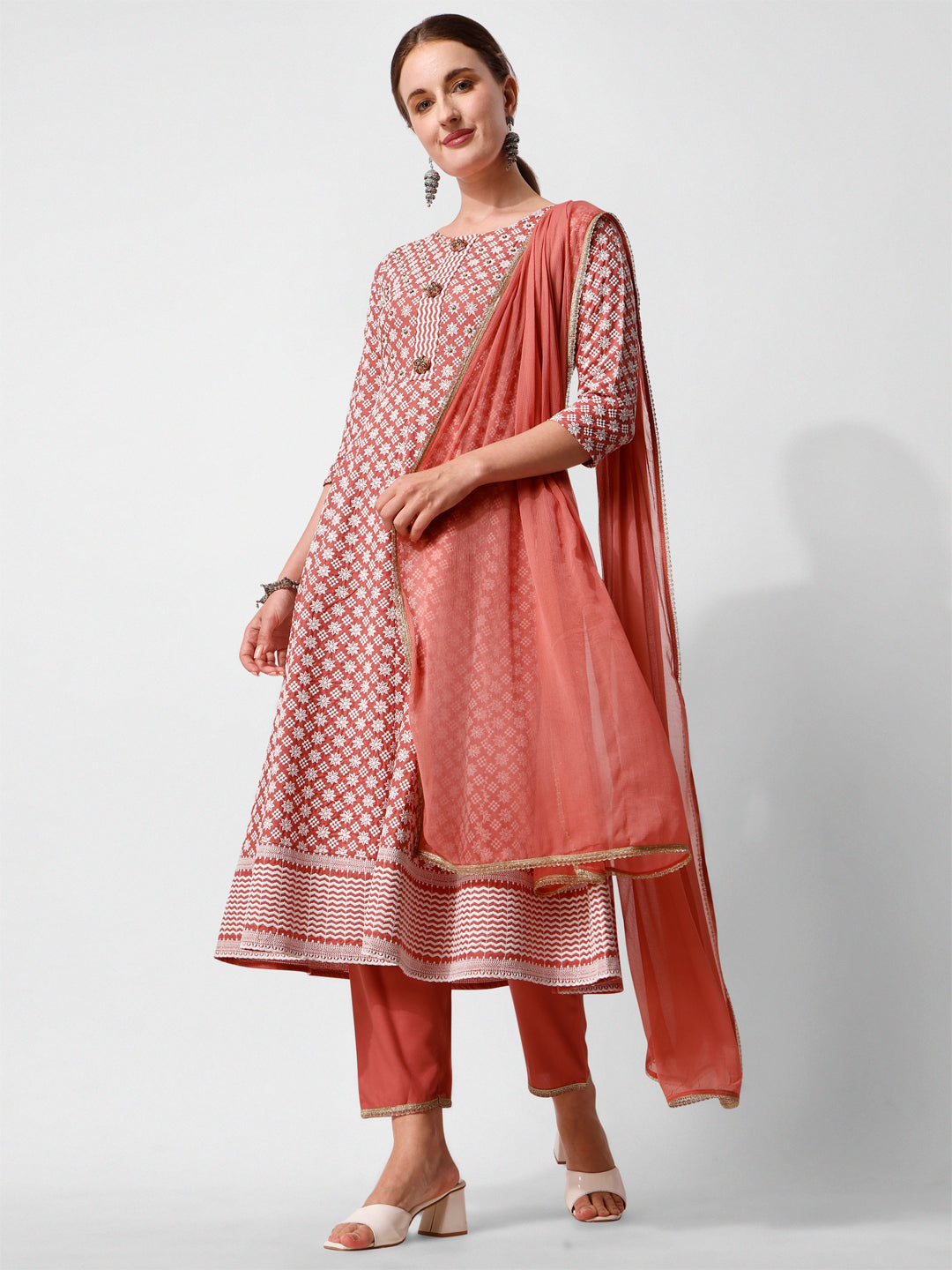 Lucknowi Embroidered Anarkali Kurta With Pant & Dupatta Set, Multicolor - Hiral Fashion - Distacart
