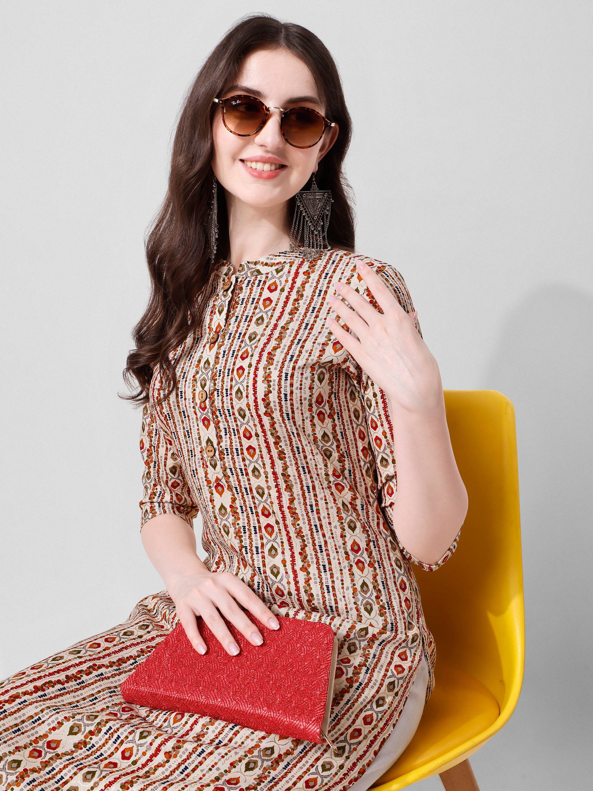 Ethnic Motif Printed Kurta, Multicolor - Hiral Fashion - Distacart