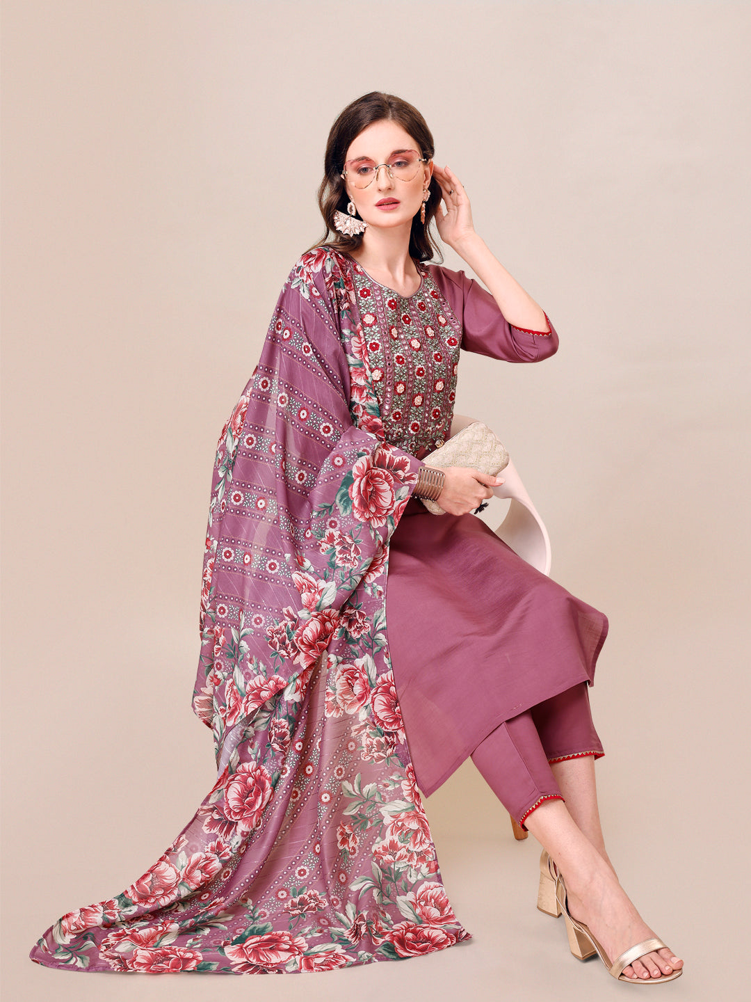 Embroidered Kurta With Pant And Dupatta Set, Multicolor - Hiral Fashion - Distacart