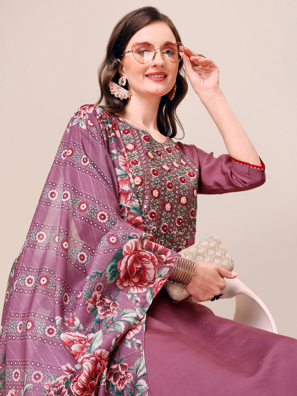 Embroidered Kurta With Pant And Dupatta Set, Multicolor - Hiral Fashion - Distacart