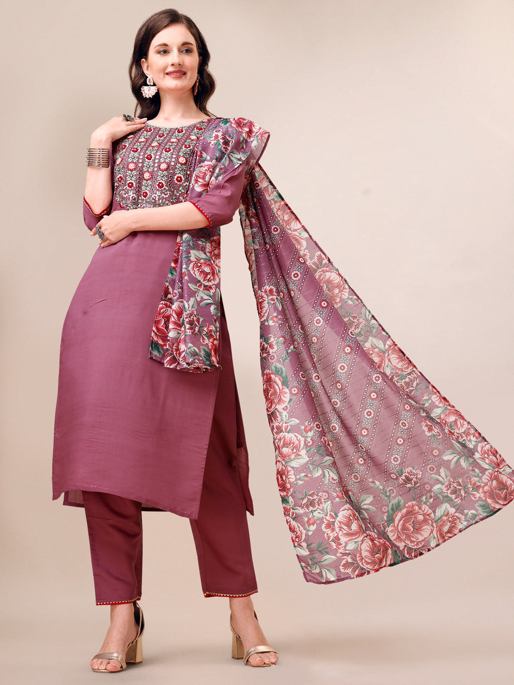 Embroidered Kurta With Pant And Dupatta Set, Multicolor - Hiral Fashion - Distacart