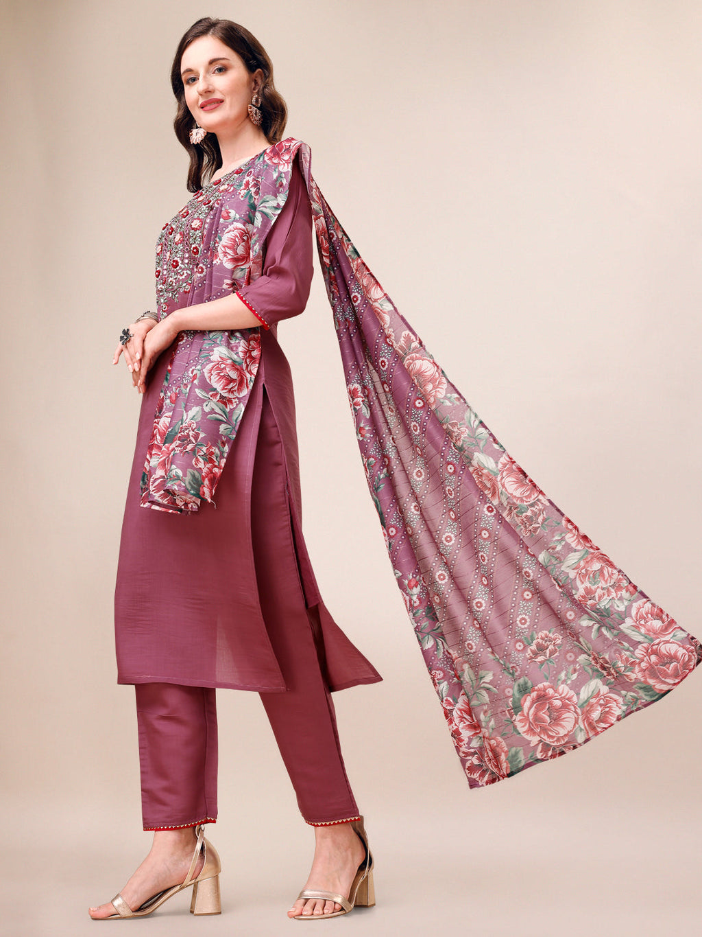 Embroidered Kurta With Pant And Dupatta Set, Multicolor - Hiral Fashion - Distacart