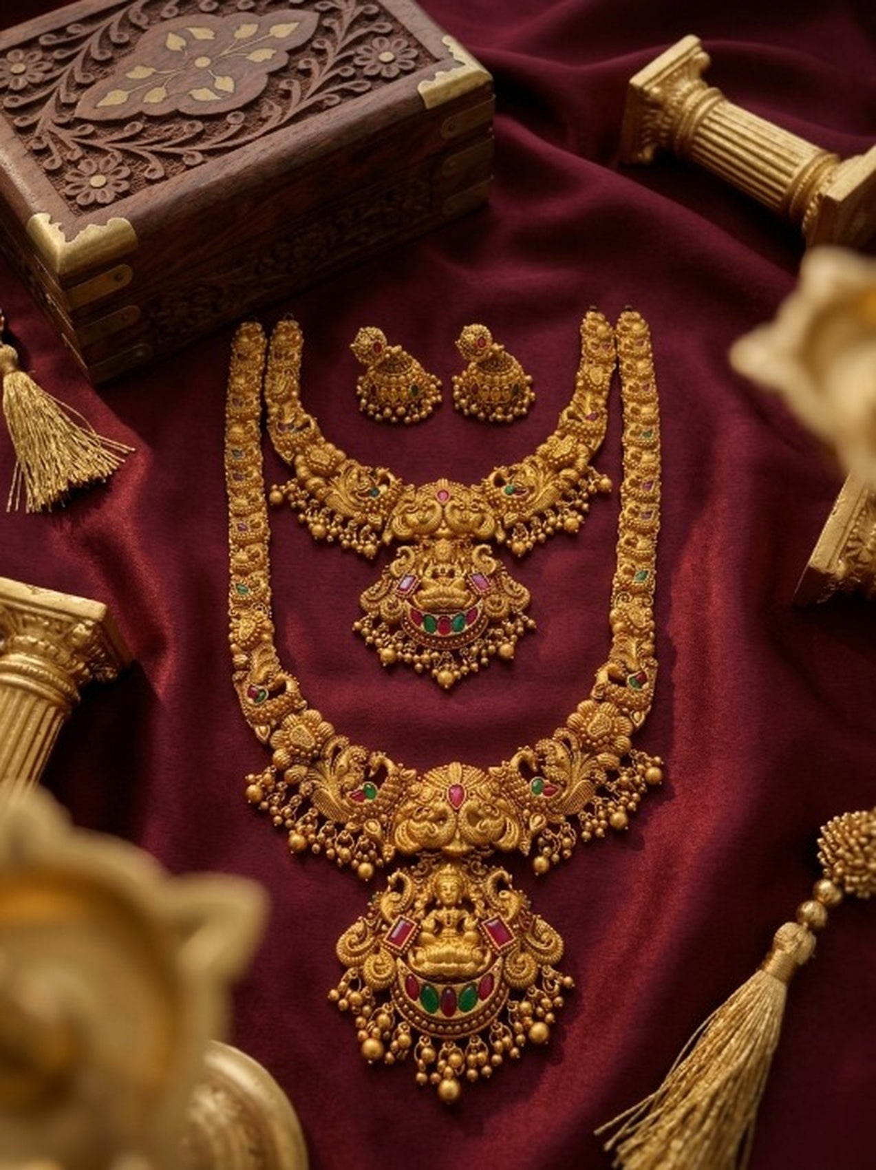 Jewel City Handcrafted Lakshmi Temple Jewellery Set - Traditional Gold-Plated Long & Short Necklace with Jhumkas - Distacart