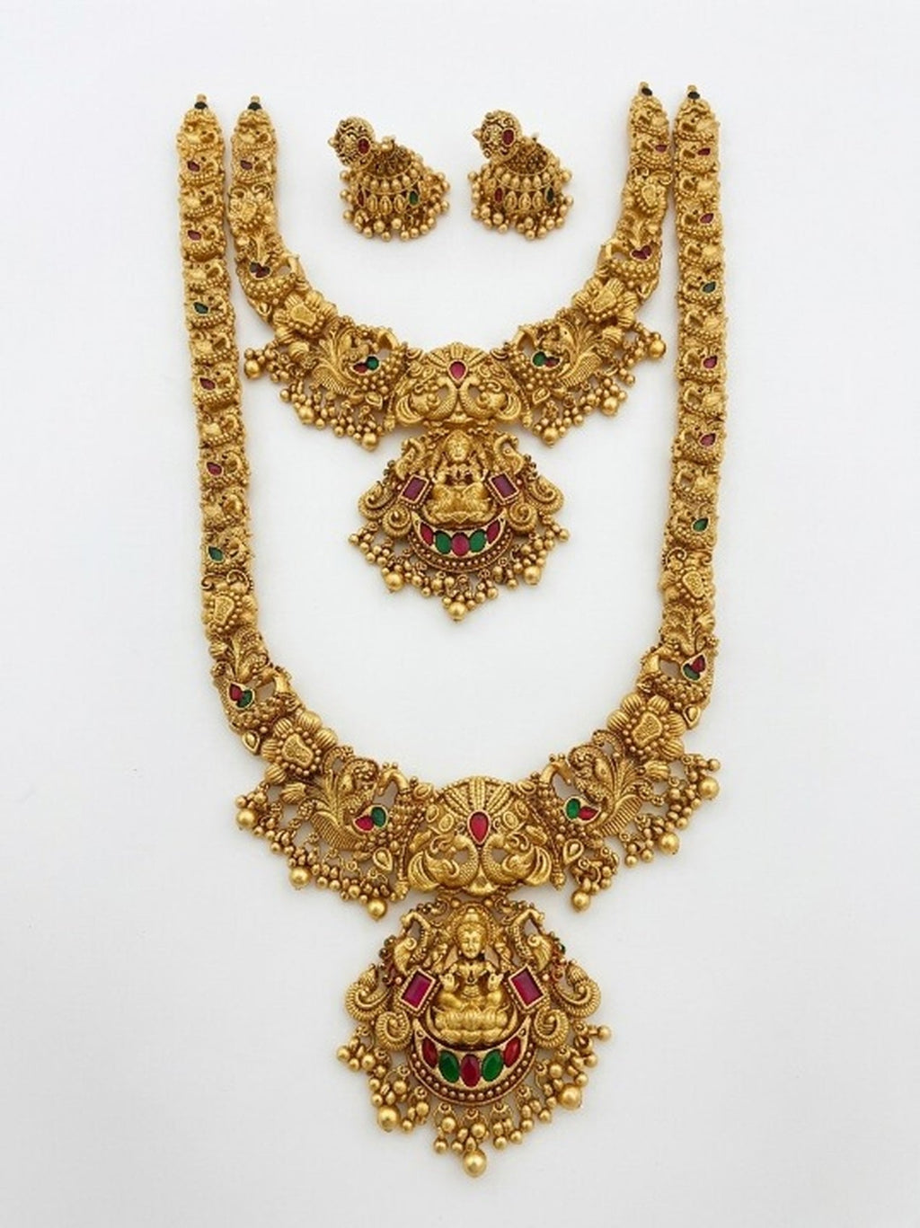 Jewel City Handcrafted Lakshmi Temple Jewellery Set - Traditional Gold-Plated Long & Short Necklace with Jhumkas - Distacart