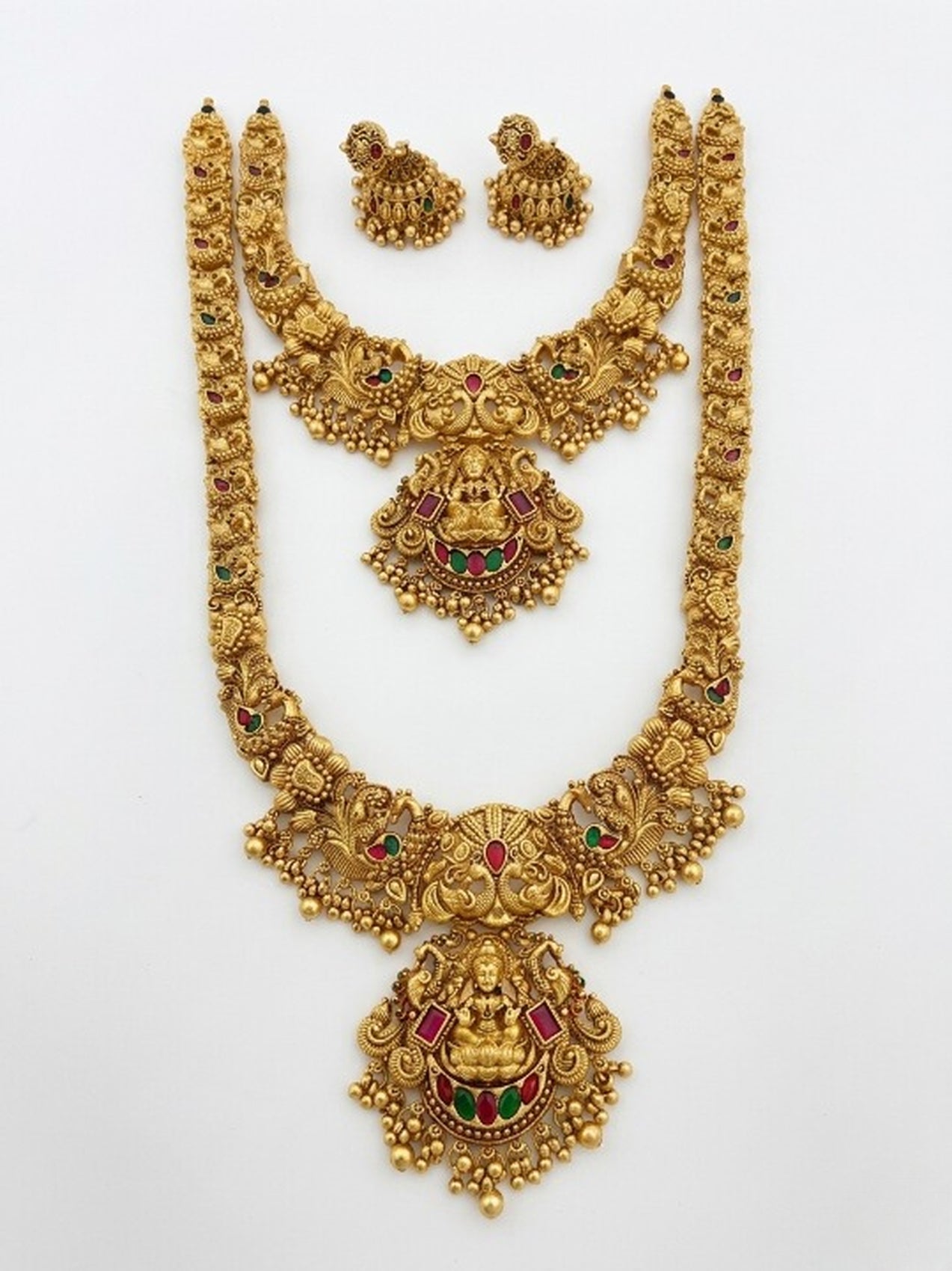 Jewel City Handcrafted Lakshmi Temple Jewellery Set - Traditional Gold-Plated Long & Short Necklace with Jhumkas - Distacart