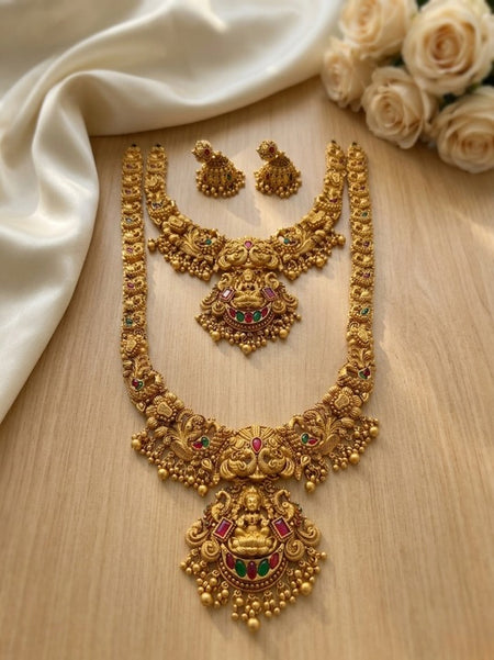 Jewel City Handcrafted Lakshmi Temple Jewellery Set - Traditional Gold-Plated Long & Short Necklace with Jhumkas