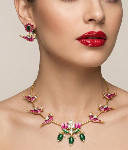 Jewel City Stunning Gold-Plated Meenakari Parrot And Lotus Necklace Set