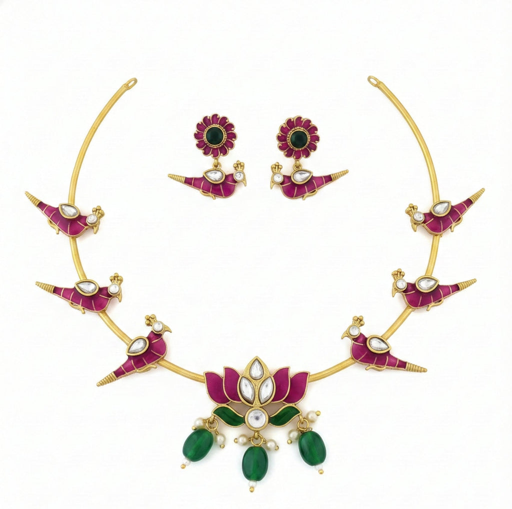 Jewel City Stunning Gold-Plated Meenakari Parrot And Lotus Necklace Set