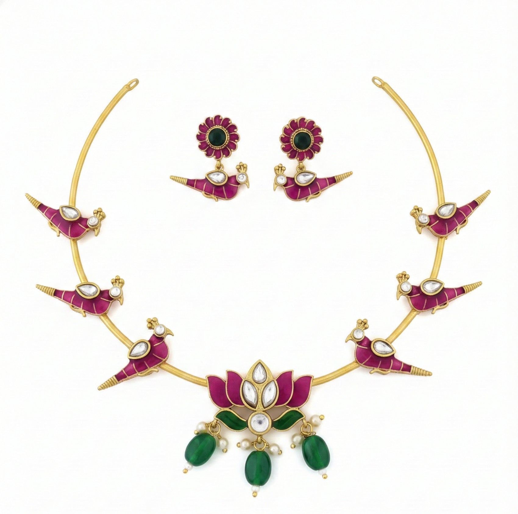 Jewel City Stunning Gold-Plated Meenakari Parrot And Lotus Necklace Set