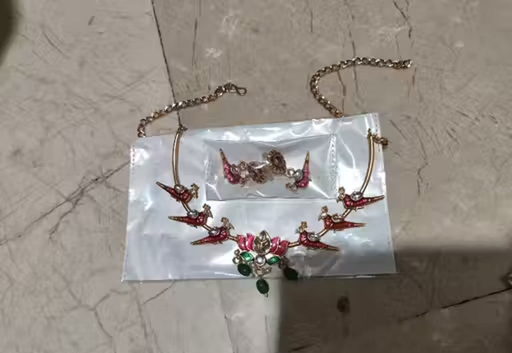 Jewel City Stunning Gold-Plated Meenakari Parrot And Lotus Necklace Set