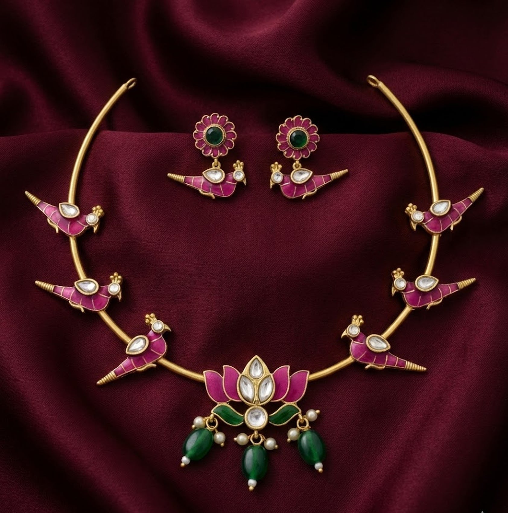 Jewel City Stunning Gold-Plated Meenakari Parrot And Lotus Necklace Set