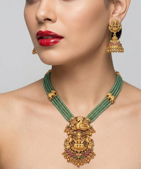 Jewel City Traditional Handcrafted Gold-Plated Long Haram Necklace Set with Pearls & Lakshmi Pendant | Ethnic Bridal Jewelry