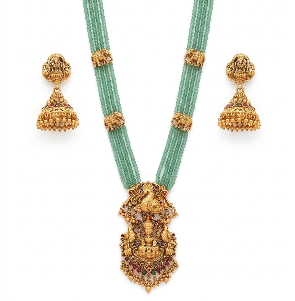 Jewel City Traditional Handcrafted Gold-Plated Long Haram Necklace Set with Pearls & Lakshmi Pendant | Ethnic Bridal Jewelry - Distacart