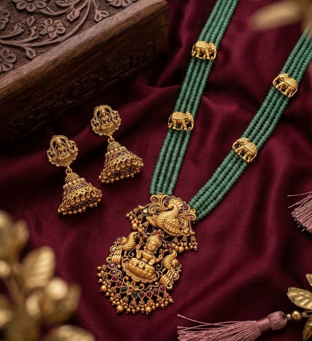 Jewel City Traditional Handcrafted Gold-Plated Long Haram Necklace Set with Pearls & Lakshmi Pendant | Ethnic Bridal Jewelry - Distacart