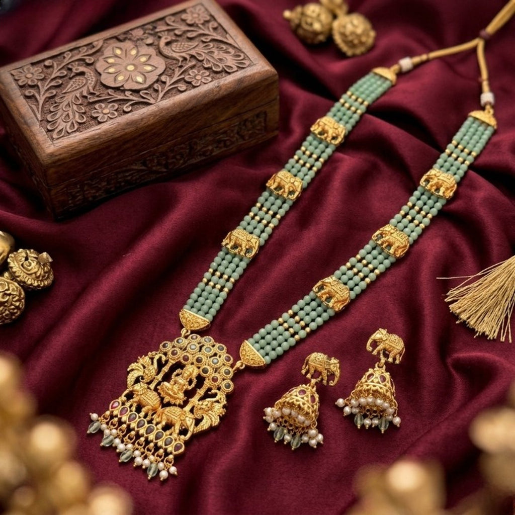 Jewel City Traditional Gold-Plated Temple Jewelry Set - Handcrafted Elephant Motif Green Bead Long Necklace & Jhumka Earrings - Distacart