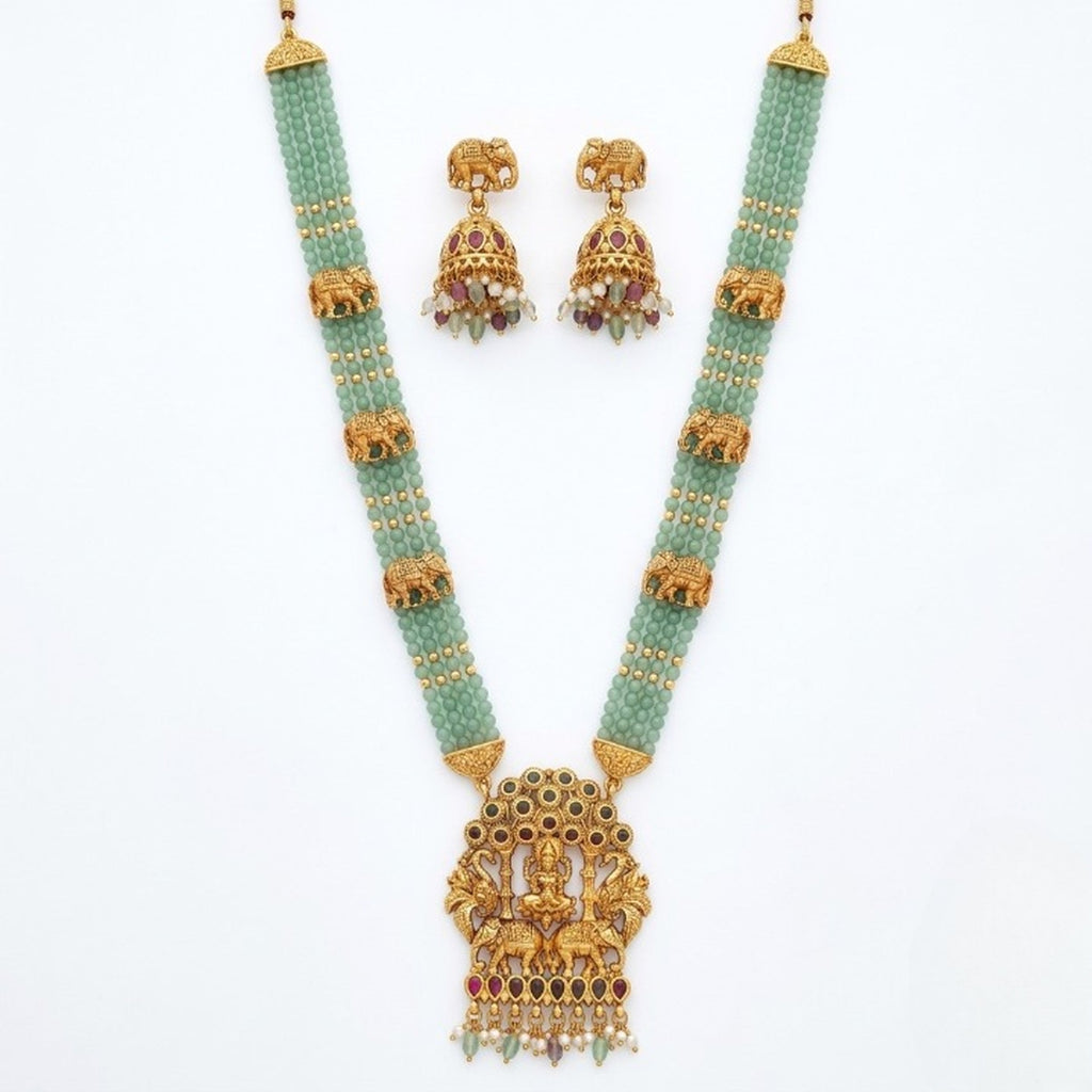 Jewel City Traditional Gold-Plated Temple Jewelry Set - Handcrafted Elephant Motif Green Bead Long Necklace & Jhumka Earrings - Distacart