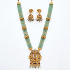Jewel City Traditional Gold-Plated Temple Jewelry Set - Handcrafted Elephant Motif Green Bead Long Necklace & Jhumka Earrings - Distacart