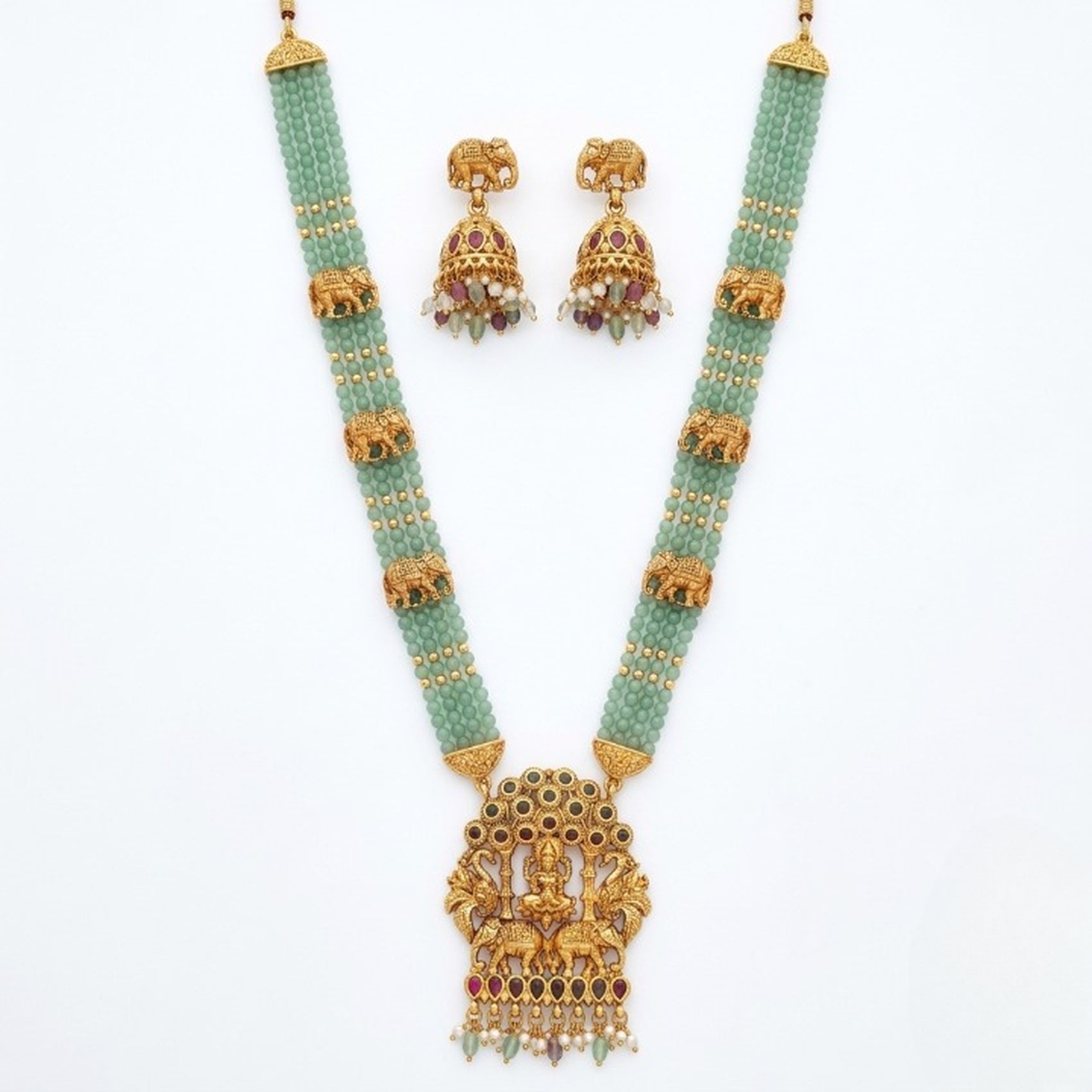 Jewel City Traditional Gold-Plated Temple Jewelry Set - Handcrafted Elephant Motif Green Bead Long Necklace & Jhumka Earrings - Distacart