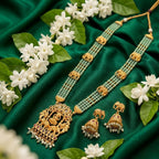 Jewel City Traditional Gold-Plated Temple Jewelry Set - Handcrafted Elephant Motif Green Bead Long Necklace & Jhumka Earrings - Distacart