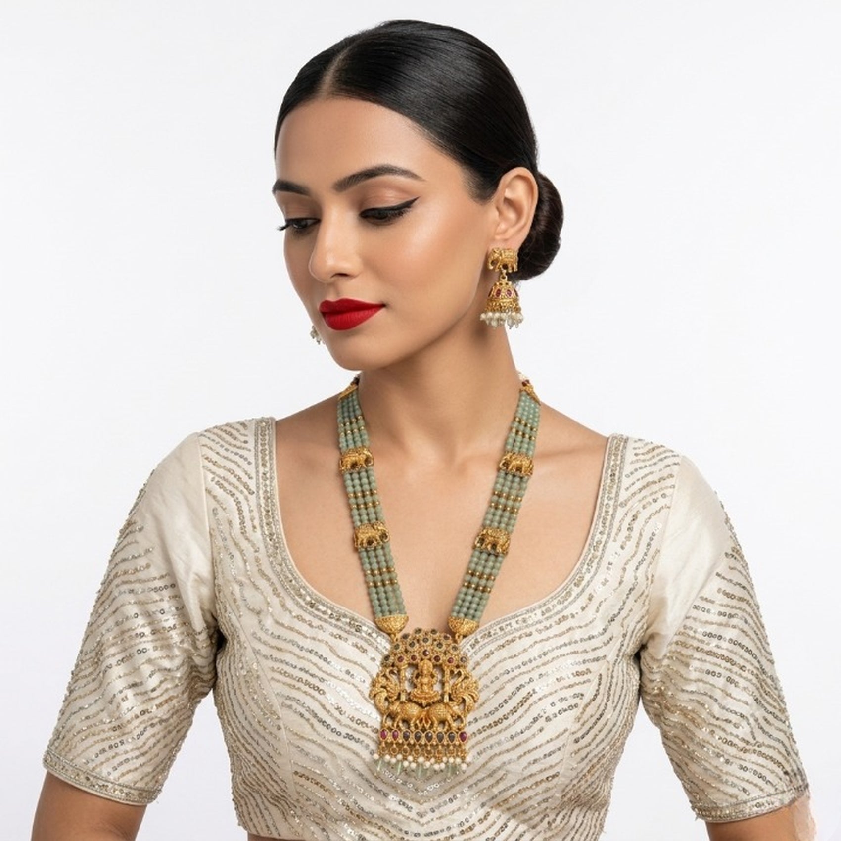 Jewel City Traditional Gold-Plated Temple Jewelry Set - Handcrafted Elephant Motif Green Bead Long Necklace & Jhumka Earrings - Distacart