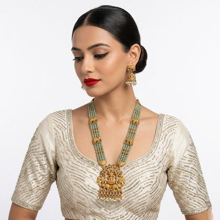 Jewel City Traditional Gold-Plated Temple Jewelry Set - Handcrafted Elephant Motif Green Bead Long Necklace & Jhumka Earrings